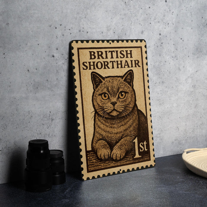 A British Shorthair cat stamp is displayed on a table, with a stack of black camera lenses and a white dish nearby.
