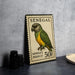 A postage stamp from Senegal featuring a parrot, placed on a table next to some black camera lenses.