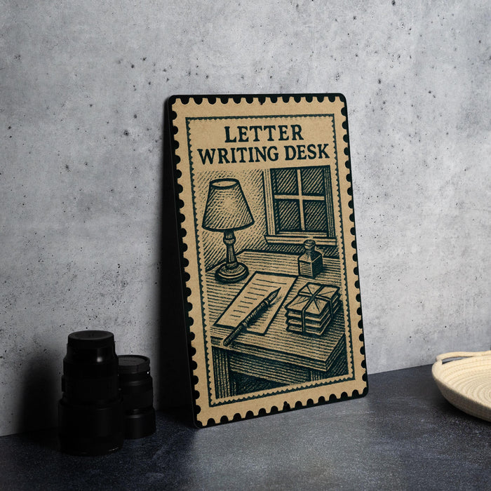a letter writing desk with a lamp, pen, and books, as depicted on a stamp-like frame.