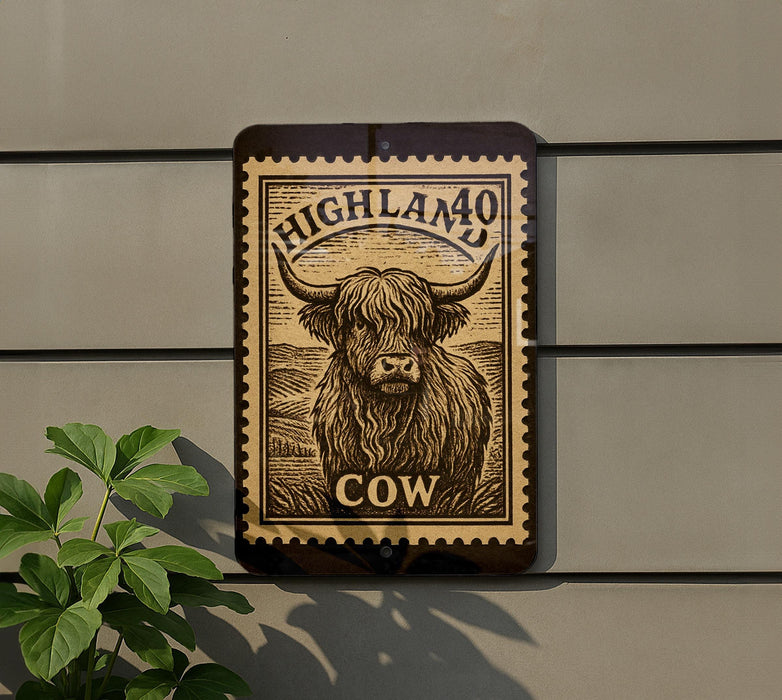 a sign with a cow illustration and the text "Highland Cow" on it, mounted on a wall.