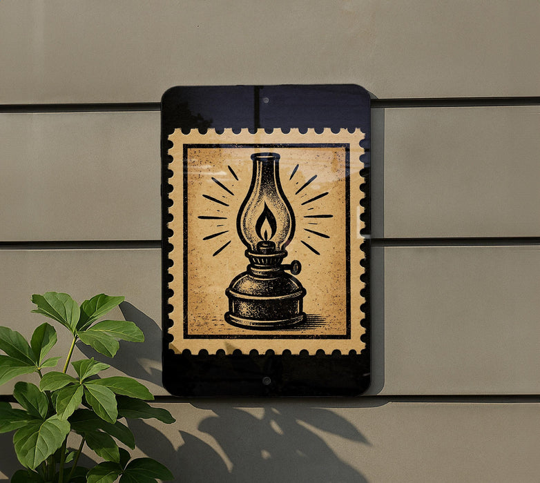 a black and white illustration of an oil lamp on a wall, with a decorative border around it.