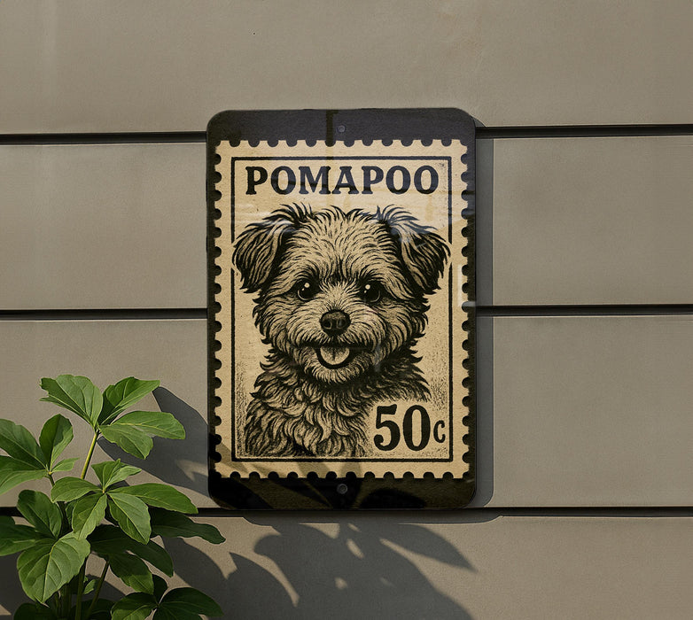 A black and white postage stamp featuring a dog's face is displayed on a wall, with a plant visible to the left.