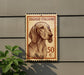 A vintage Italian postage stamp featuring a dog's portrait, mounted on a wall next to a plant.