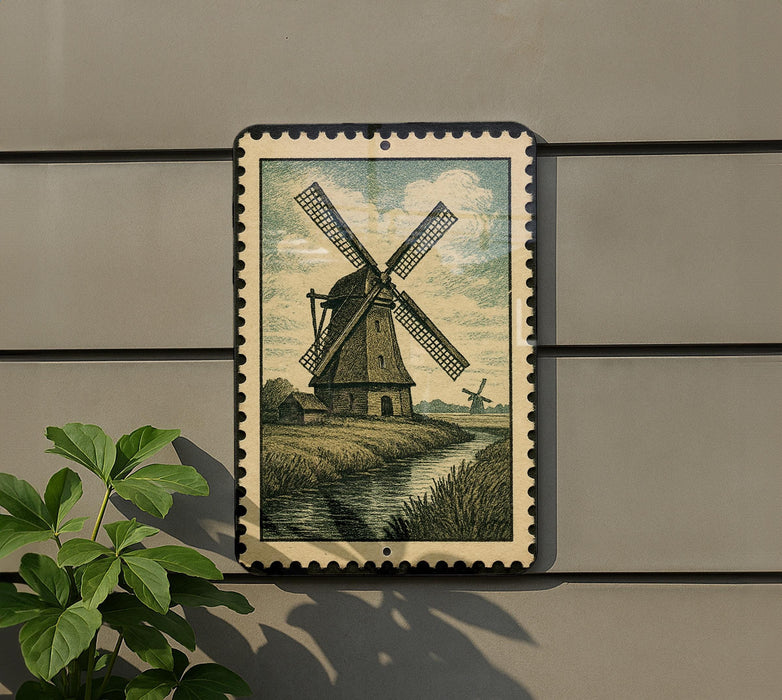 A framed illustration of a windmill is displayed on a wall, with a plant to the left of the frame.