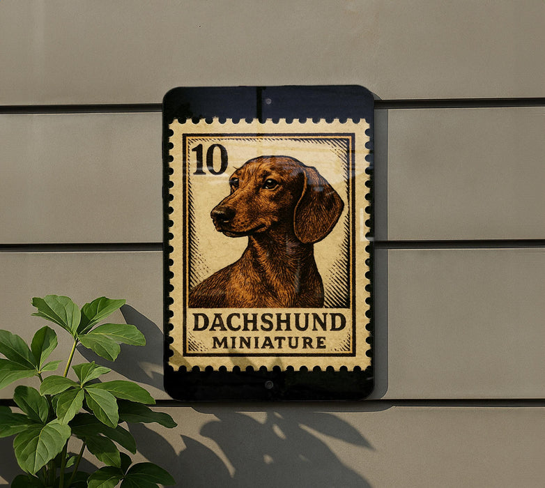 a sign with a dachshund miniature printed on it, mounted on a wall next to a plant.