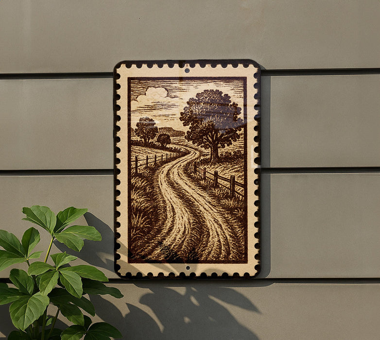 a wooden road cutting through a rural landscape, with a tree and a fence visible in the background.