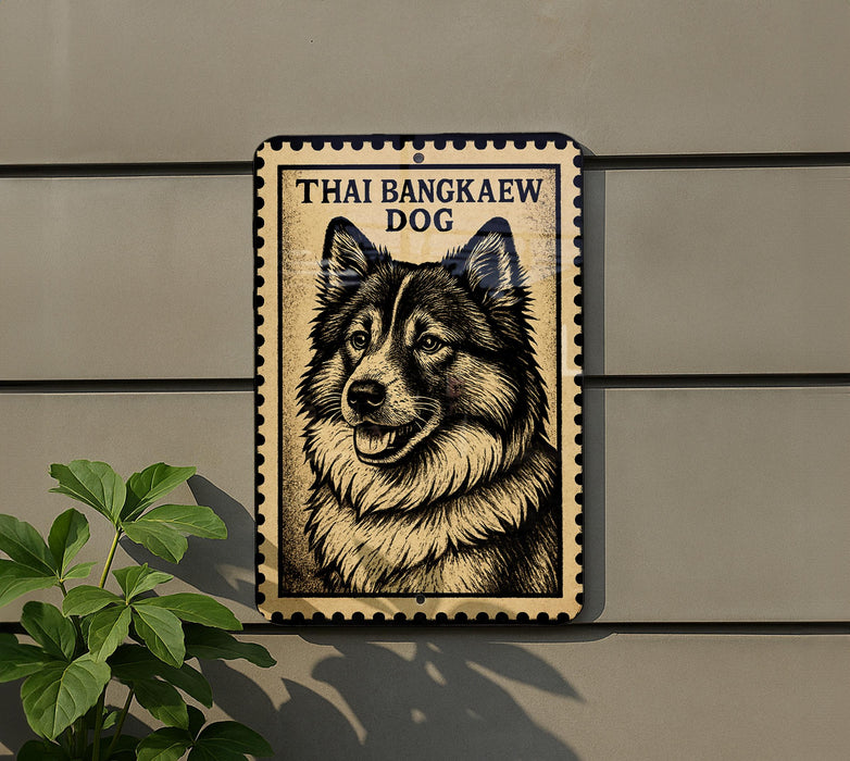 a sign with a picture of a dog, specifically a Thai bangka dog, mounted on a wall.