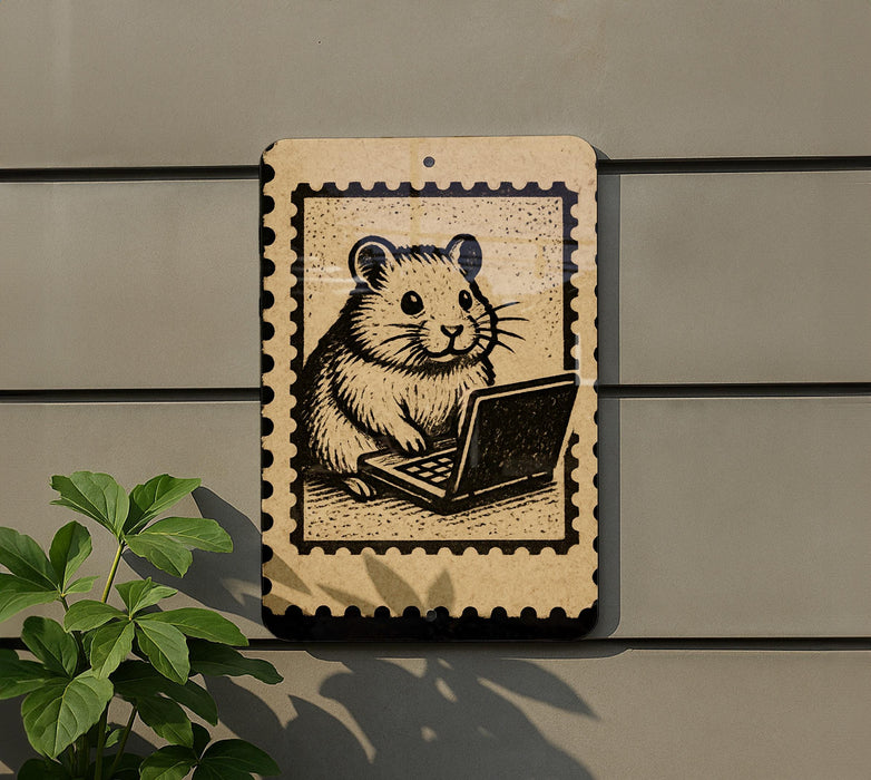 a small, cartoonish hamster sitting on a laptop computer, which is depicted in a stamp-like frame.