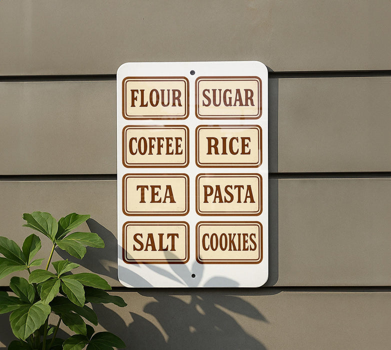 A sign with various food items written on it, mounted on a wall next to a plant.