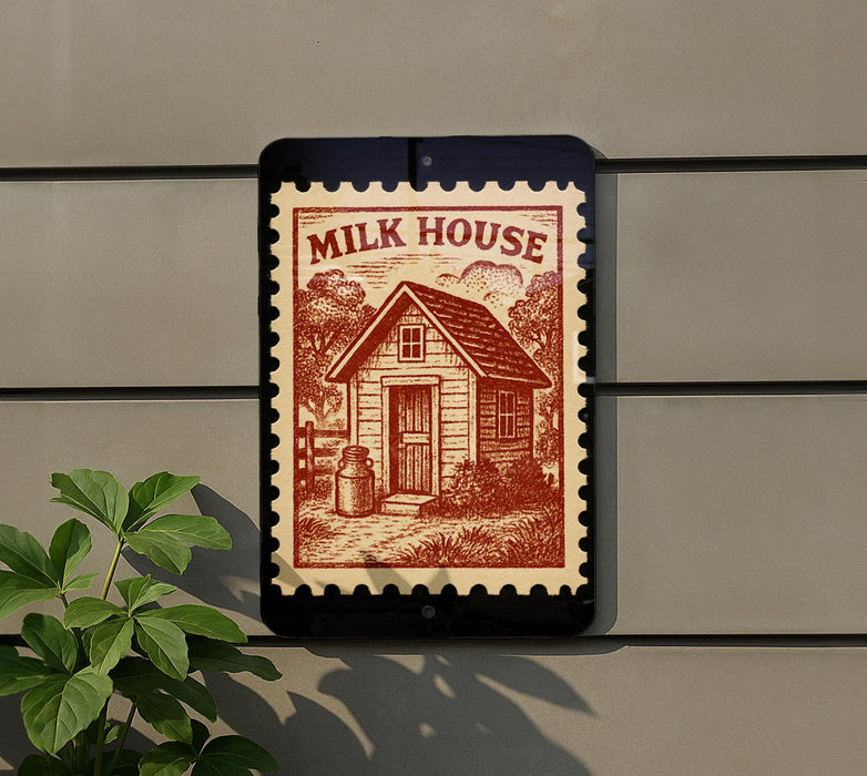 a small wooden house with a red and white stamp-like design on the wall, depicting a rural scene with a cow and a barn.