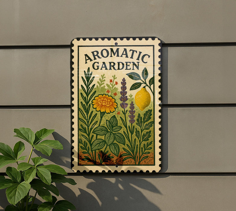a sign for an aromatic garden, with a vibrant illustration of various plants and flowers.