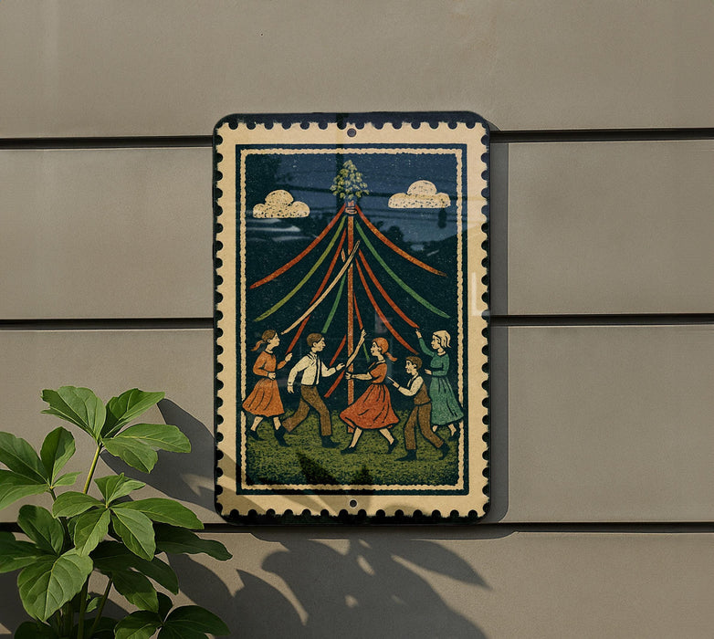 a decorative sign with a colorful illustration of people dancing and holding a large, colorful object, possibly a flag or a ribbon, on a wall.