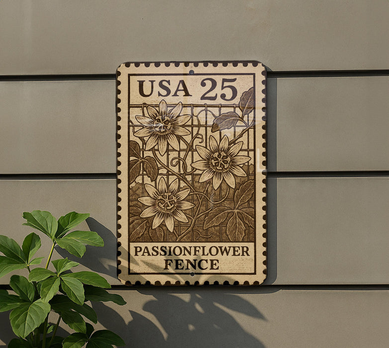 a wooden sign with a floral design, mounted on a wall next to a plant.