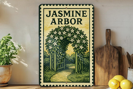 Jasmine Arbor Metal Sign – Vintage Stamp Style Wall Art, Rustic Garden Decor, Custom Outdoor Name Plaque Signage