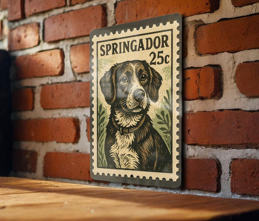 A metal sign with a dog illustration on it, mounted on a brick wall.
