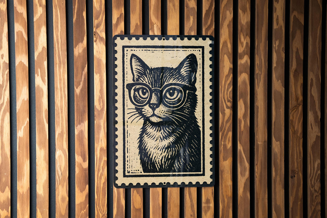 A black and white illustration of a cat wearing glasses is displayed on a wooden wall.
