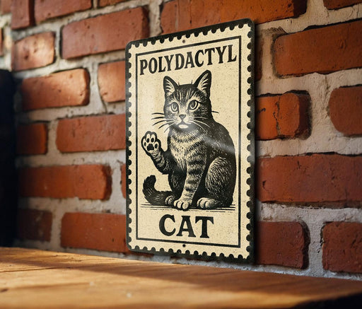 A metal sign with a cat illustration is mounted on a brick wall.