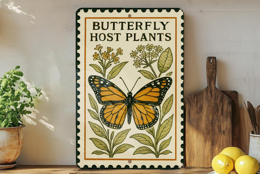 A decorative metal sign with a butterfly and host plant illustration, placed on a wooden surface next to a wooden cutting board and a potted plant.
