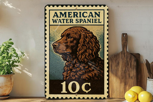 A vintage-style metal sign featuring an illustration of an American Water Spaniel dog, with the text "AMERICAN WATER SPANIEL" and the price "10c" printed on it.