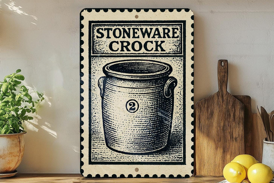 a vintage-style sign for a "Stoneware Crock" with a black and white illustration of a crock pot. The sign is displayed on a shelf next to a wooden cutting board and a potted plant.