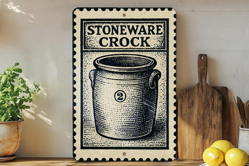 a vintage-style sign for a "Stoneware Crock" with a black and white illustration of a crock pot. The sign is displayed on a shelf next to a wooden cutting board and a potted plant.