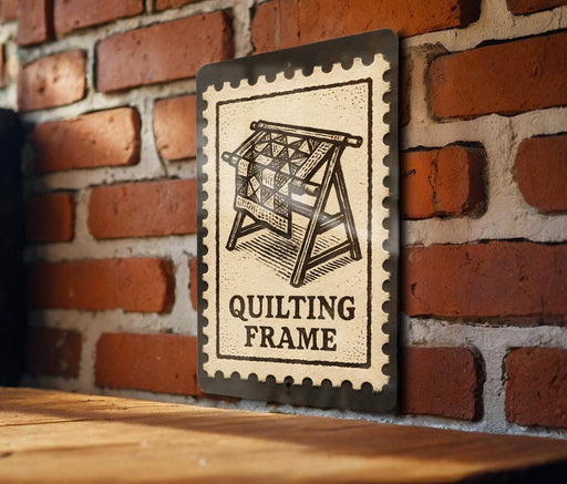 Quilting Frame Metal Sign – Vintage Stamp Style Wall Art for Quilters, Rustic Sewing Room Decor, Gift for Quilt Lovers