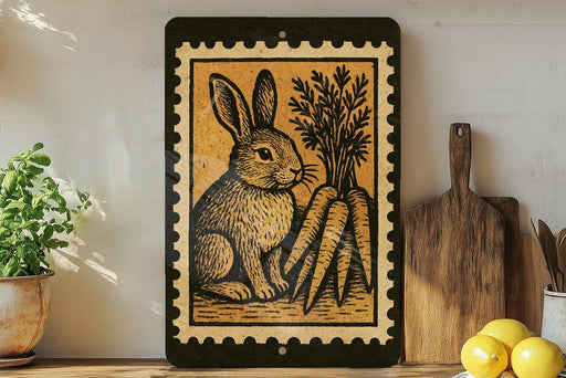 a decorative piece of art depicting a rabbit sitting next to a bunch of carrots, placed on a shelf next to a wooden cutting board and a potted plant.