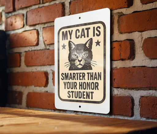 A sign with a cat image and text stating "MY CAT IS SMARTER THAN YOUR Honor STUDENT" is displayed on a brick wall.