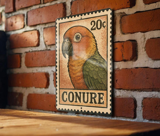 A vintage-style postage stamp featuring a colorful parrot is displayed on a brick wall.