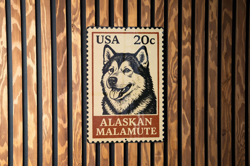 A wooden wall with a framed U.S. postage stamp featuring a black and white image of a husky dog.