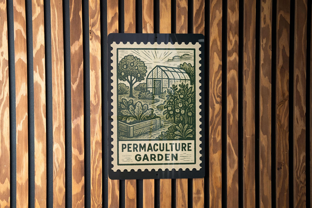 A poster or sign for the "Permaculture Garden" is displayed on a wooden wall.