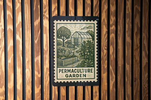 A poster or sign for the "Permaculture Garden" is displayed on a wooden wall.
