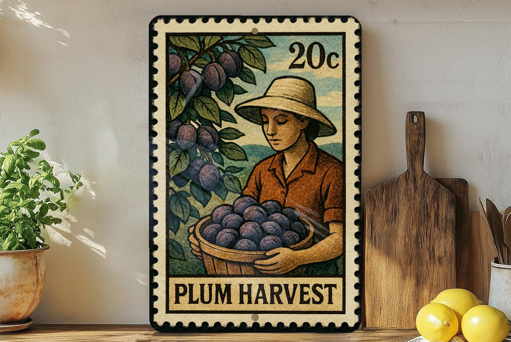 A metal sign with a woman holding a basket of plums, surrounded by a potted plant and kitchen utensils.