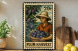 A metal sign with a woman holding a basket of plums, surrounded by a potted plant and kitchen utensils.