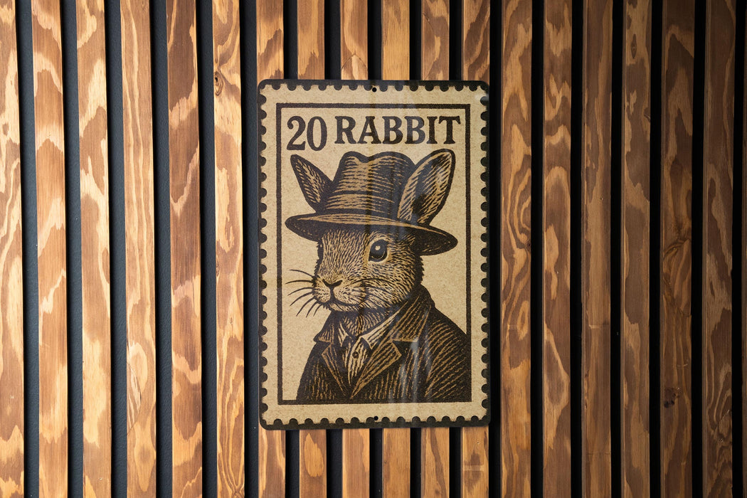 A wooden wall with a vintage-style postage stamp featuring a rabbit wearing a hat and coat.