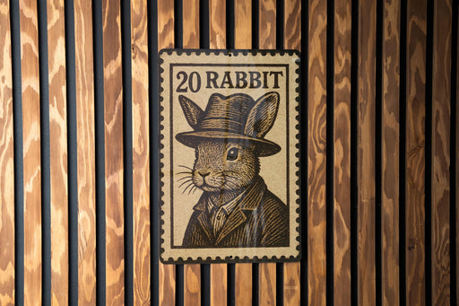 A wooden wall with a vintage-style postage stamp featuring a rabbit wearing a hat and coat.