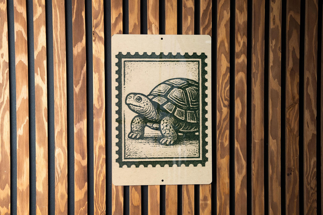 A wooden wall with a framed image of a turtle printed on it.