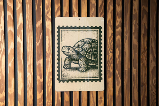 A wooden wall with a framed image of a turtle printed on it.