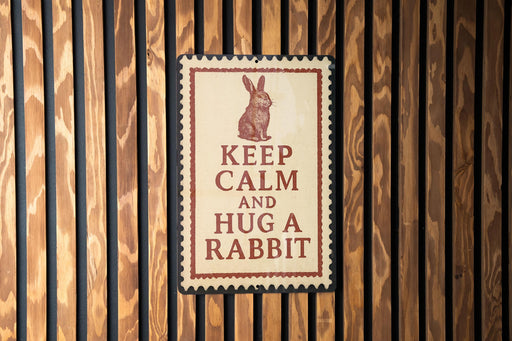 A sign with the message "KEEP CALM AND HUG A RABBIT" is displayed on a wooden wall.