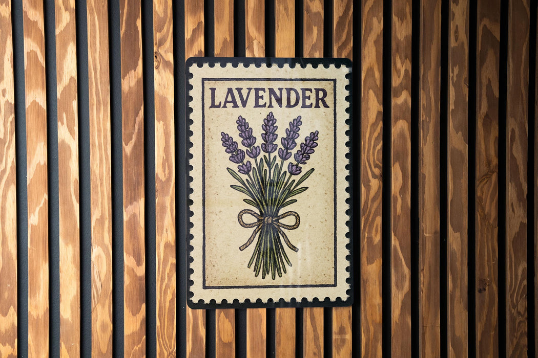 A framed image of lavender flowers is displayed on a wooden wall.