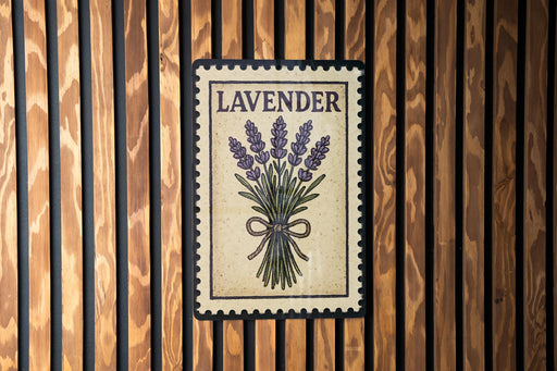 A framed image of lavender flowers is displayed on a wooden wall.