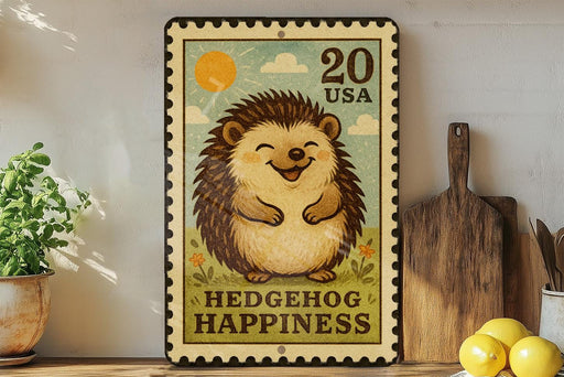 A vintage-style metal stamp depicting a smiling hedgehog, with the text "HEDGEHOG HAPPINESS" and the number "20 USA" printed on it. The stamp is displayed on a shelf next to a wooden cutting board and a potted plant.