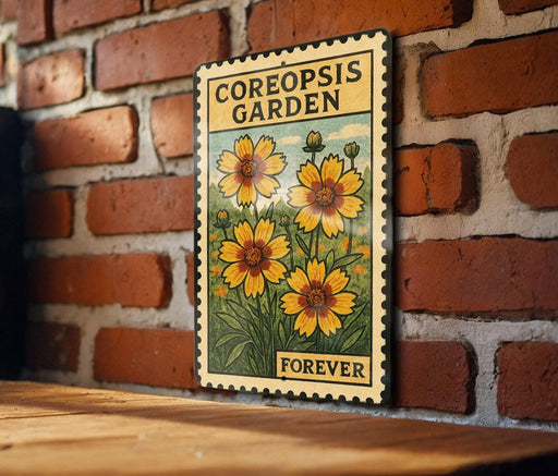 A vintage-style metal sign with a floral design hangs on a brick wall, displaying the text "Coreopsis Garden Forever".