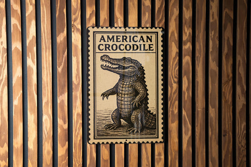a sign with the text "AMERICAN CROCODILE" and an illustration of a crocodile.