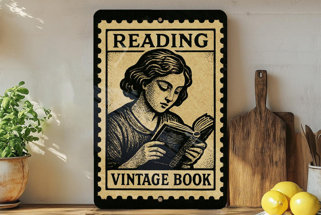 a vintage-style sign that reads "Reading Vintage Book" with a woman reading a book. The sign is placed on a shelf next to a wooden cutting board and a potted plant.