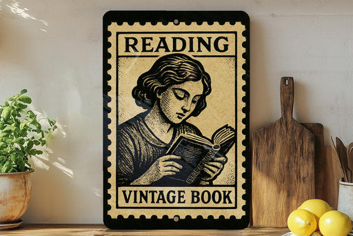a vintage-style sign that reads "Reading Vintage Book" with a woman reading a book. The sign is placed on a shelf next to a wooden cutting board and a potted plant.