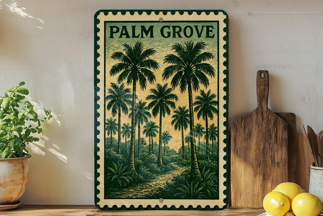 A framed vintage-style poster of palm trees hangs on a wall, surrounded by kitchen utensils and a potted plant.