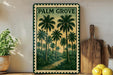 A framed vintage-style poster of palm trees hangs on a wall, surrounded by kitchen utensils and a potted plant.