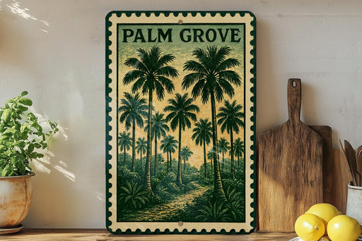 A framed vintage-style poster of palm trees hangs on a wall, surrounded by kitchen utensils and a potted plant.