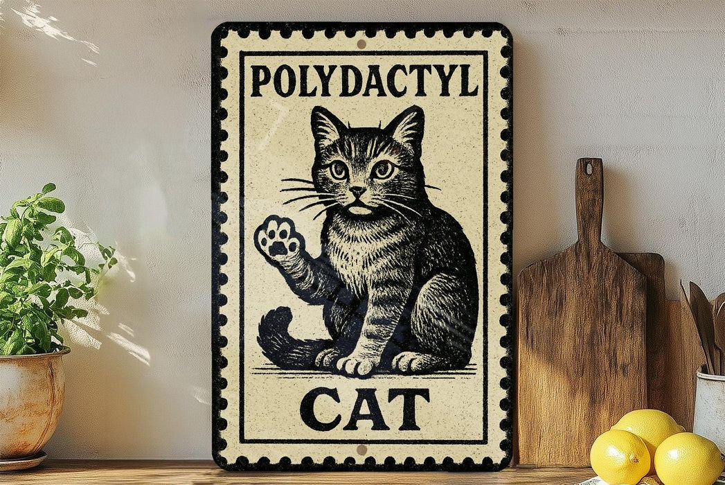A vintage-style metal sign with a cat illustration, placed on a wooden surface next to a wooden cutting board and some lemons.